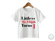 a white t - shirt with the words little, mr english turns on it