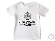 a white t - shirt with the words little explorer noah on it