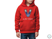 a young boy wearing a red hoodie with a v on it