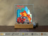 a glass block with a fire truck on it