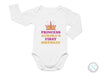 a baby bodysuit that says princess aurora&#39;s first birthday