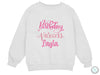 a white sweatshirt with pink lettering that says happy birthday princess laya