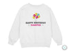 a white sweatshirt with the words happy birthday harper on it