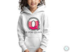 a young girl wearing a white hoodie with the letter q on it