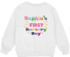 a white sweatshirt with the words sophiia&#39;s first nursery day printed on