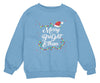 a blue sweatshirt with a merry bright christmas hat on it