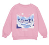 a pink sweatshirt with a picture of a snowy town on it