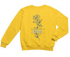 a yellow sweatshirt with a blue flower on it