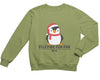 a green sweatshirt with a penguin wearing a santa hat