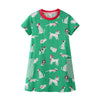 BLUE STRIPED HORSE & GREEN DOGS PRINTED DRESS - SkipStars