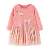 Long Sleeves Cute Birds Theme Cotton Girls Dress in Pink